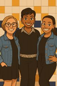 Illustration of Mrs. Hancock, Mrs. Blackman, and Mrs. Neal against a colorful tiled background.