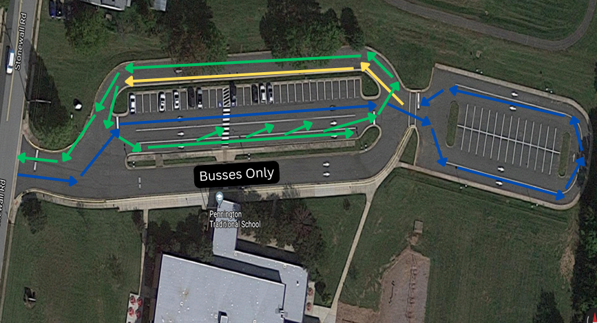 Aerial map of a school drop-off loop and parking lots with color-coded arrows showing traffic flow and a label reading “Busses Only.”