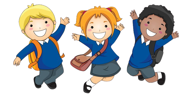 Illustration of three cheerful children jumping, representing diversity with different hair types and clothing, suitable for a school-related theme.