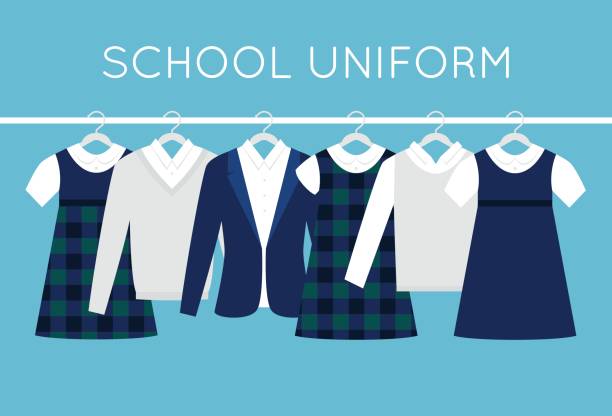 Uni Illustration of various school uniform styles hanging on hangers against a light blue background.