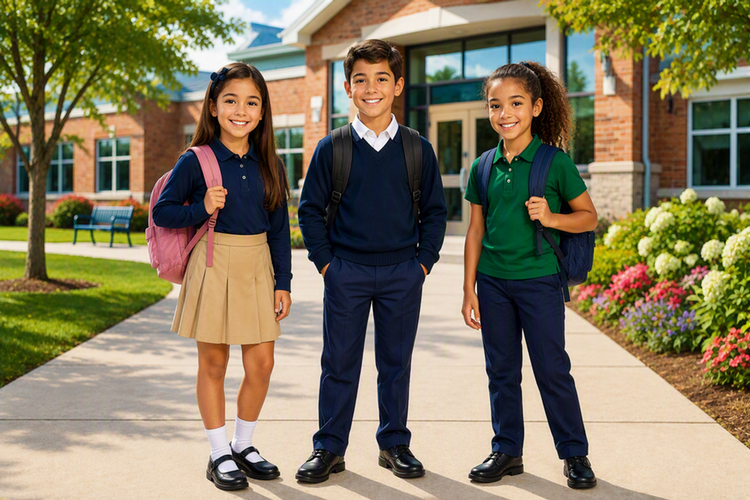 Three smiling schoolchildren with backpacks stand on a sidewalk in front of a brick school building on a sunny day.