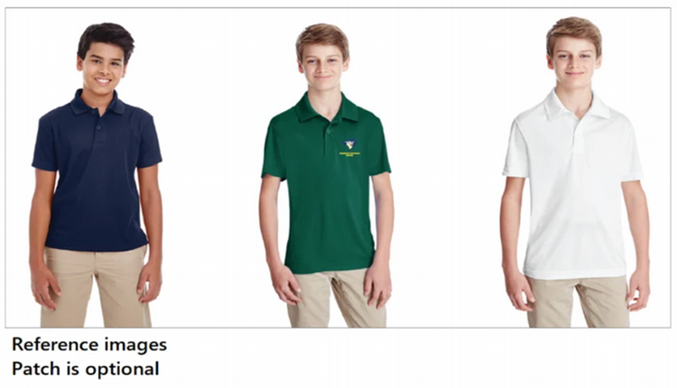 Three boys modeling short-sleeve polo shirts in navy, green with a small chest patch, and white, paired with khaki pants.