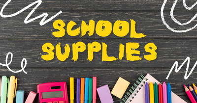 school supplies, including pencils, pens, colored pencils, and a calculator. 